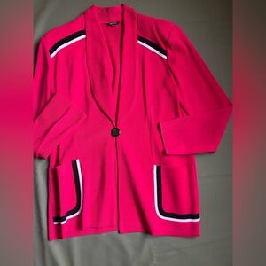 Vintage Misook Hot Pink Knit Blazer Black White Stripe Trim Size Medium 80s